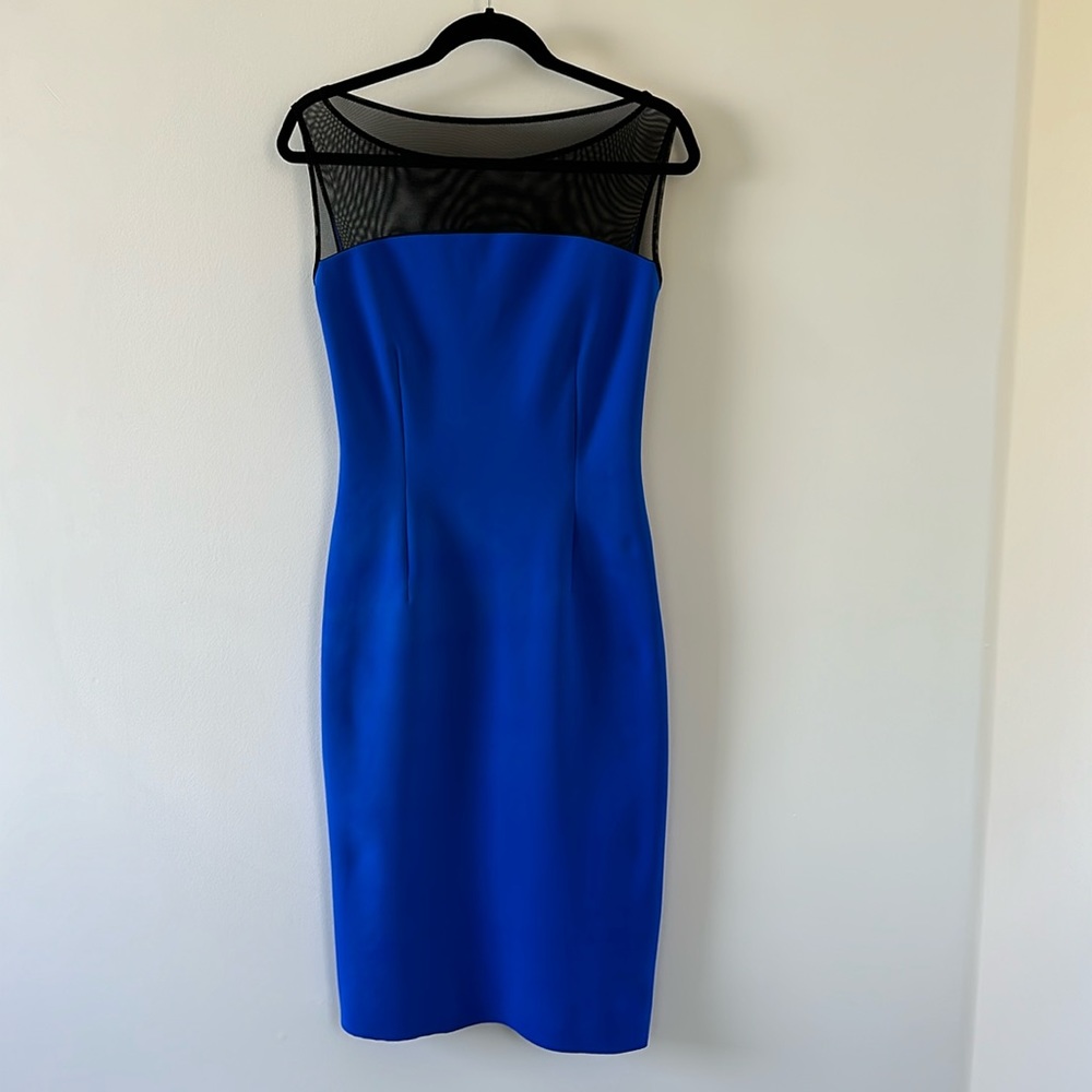 La Petite Robe Chiara Boni Midi Cocktail Blue Sheer Back Stretchy Dress Size 6